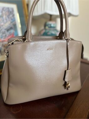 DKNY Taupe/Tan Leather Satchel with Gold Accents